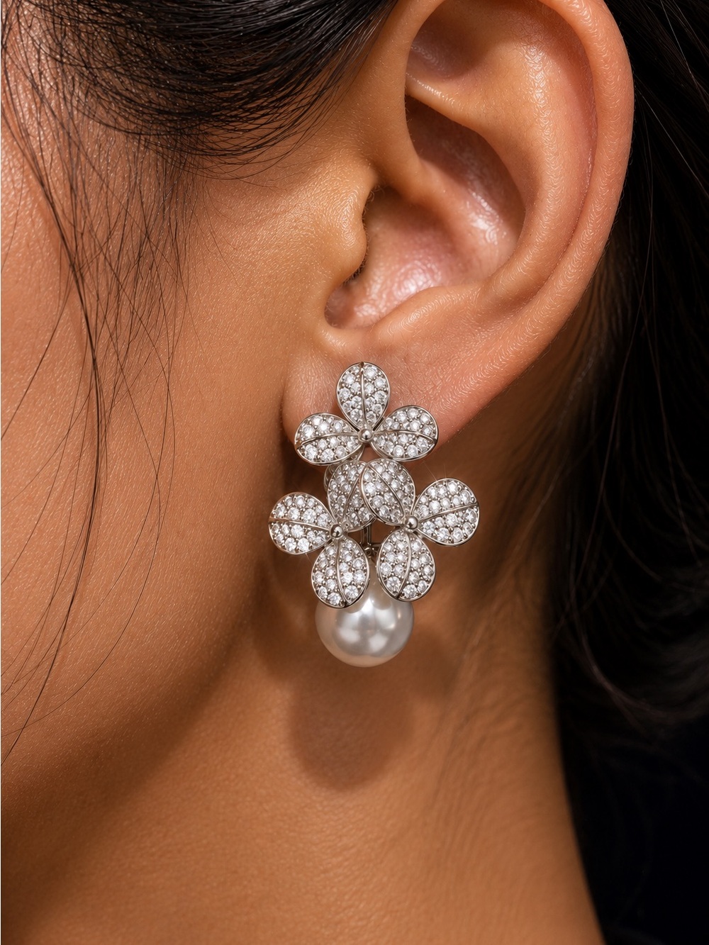 Pearl Drop Floral Crystal Stud Earrings - Women Jewelry